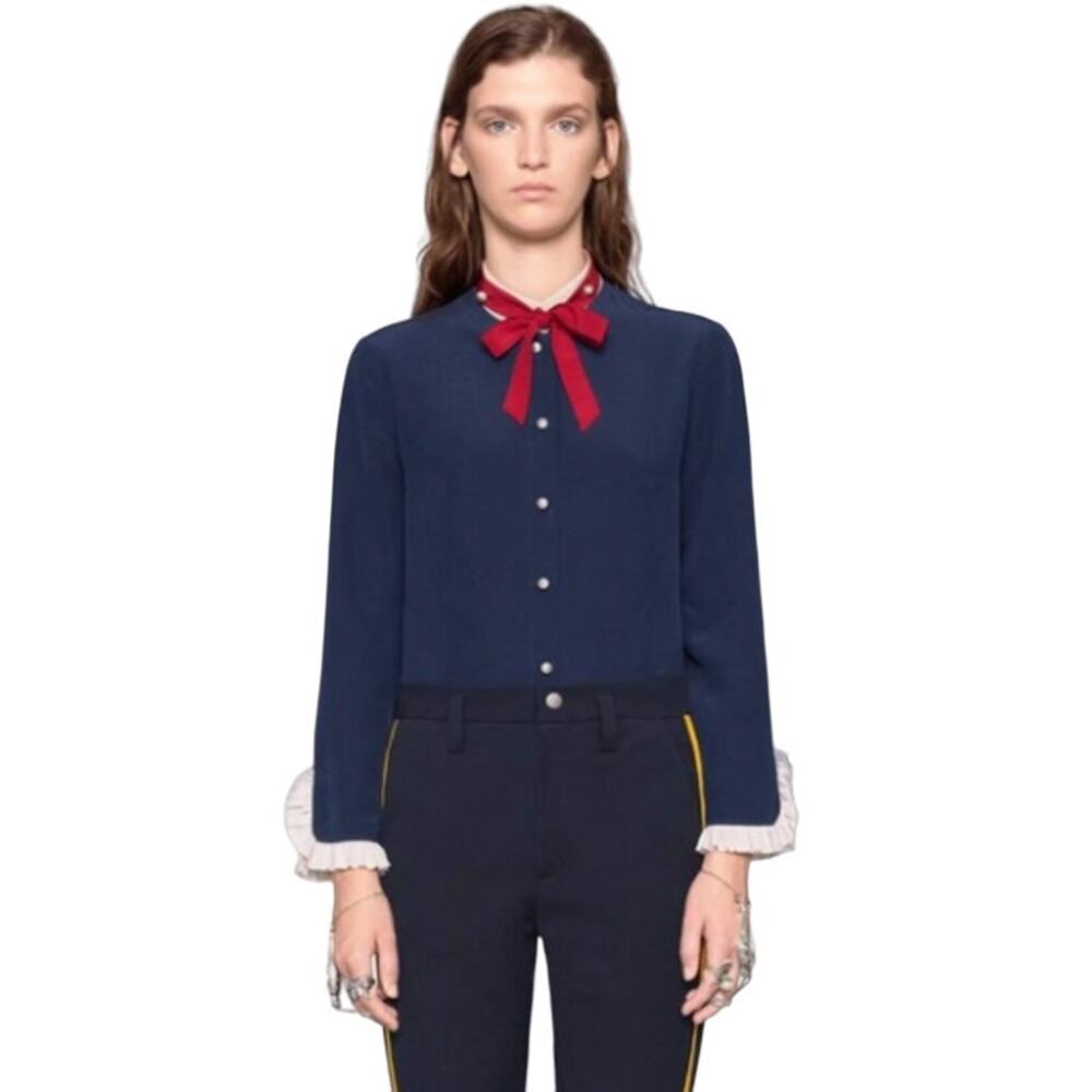 Gucci button up silk blue red pearl bow